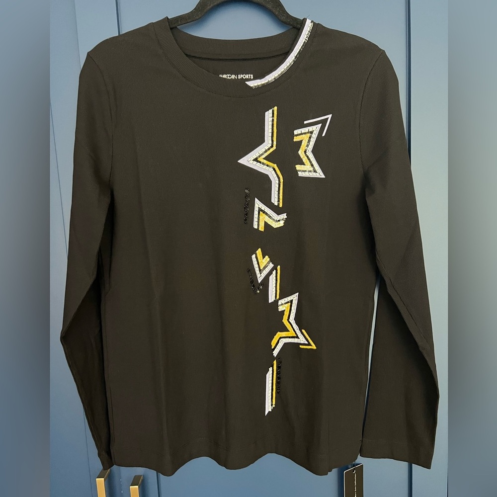 Marc Cain Black Graphic ribbed long sleeve top. 100% cotton, size 10.
